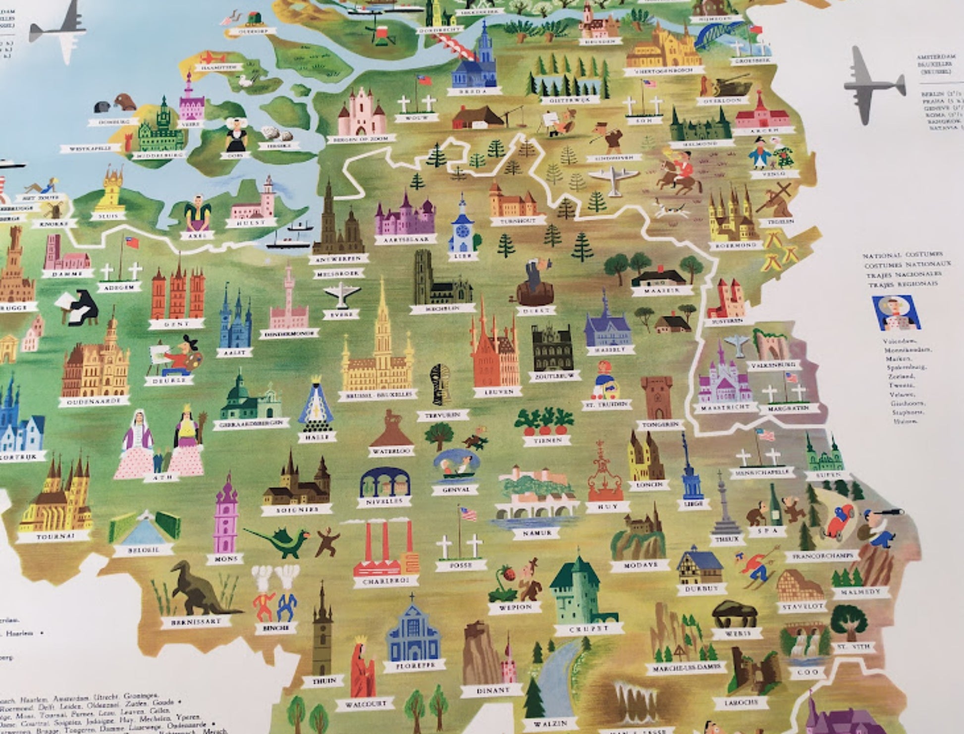 Détail de la partie belge de la carte avec les villes de Gand, Anvers, Louvain et Waterloo, parsemée de blasons et de représentations d'églises.