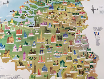 Détail de la partie belge de la carte avec les villes de Gand, Anvers, Louvain et Waterloo, parsemée de blasons et de représentations d'églises.