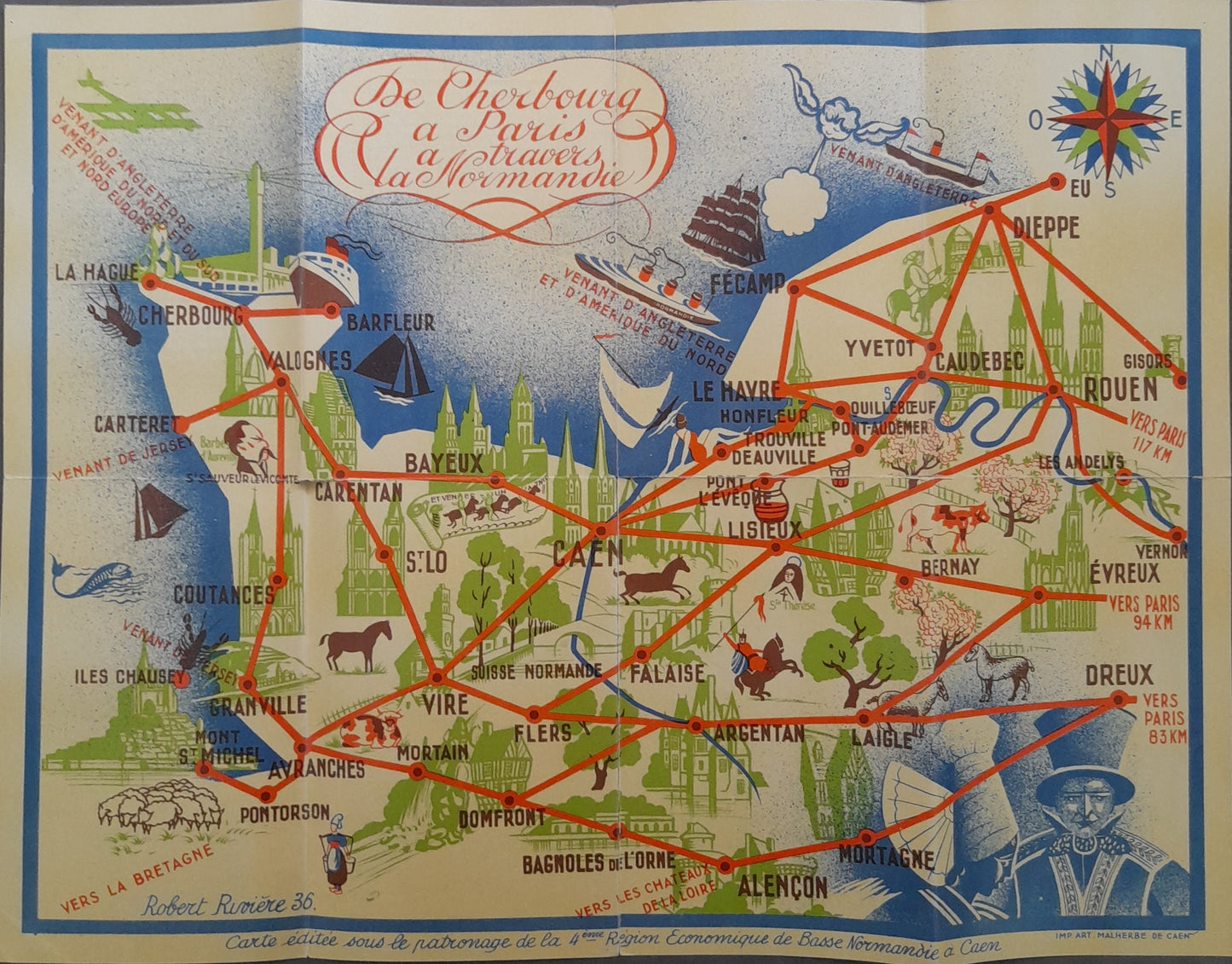 Carte touristique ancienne de la Normandie par Robert Rivière, 1936, montrant les routes de Cherbourg à Paris avec des illustrations de villes, de bateaux et de produits régionaux.