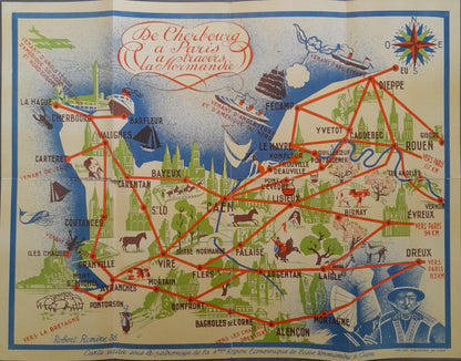 Carte touristique ancienne de la Normandie par Robert Rivière, 1936, montrant les routes de Cherbourg à Paris avec des illustrations de villes, de bateaux et de produits régionaux.