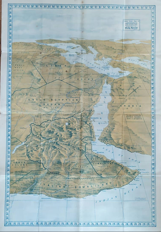 Vue d'ensemble de la carte géographique de l'Abyssinie de 1935, montrant les frontières politiques de la zone de guerre en Afrique de l'Est, publiée par le Daily Herald.