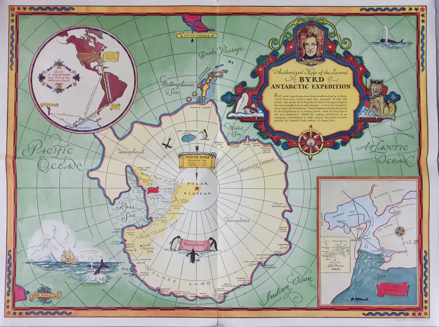 Carte historique de la seconde expédition de l'amiral Byrd en Antarctique, datant de 1934, montrant le continent et les routes d'exploration.