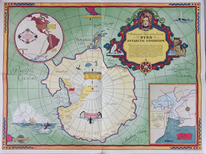 Carte historique de la seconde expédition de l'amiral Byrd en Antarctique, datant de 1934, montrant le continent et les routes d'exploration.