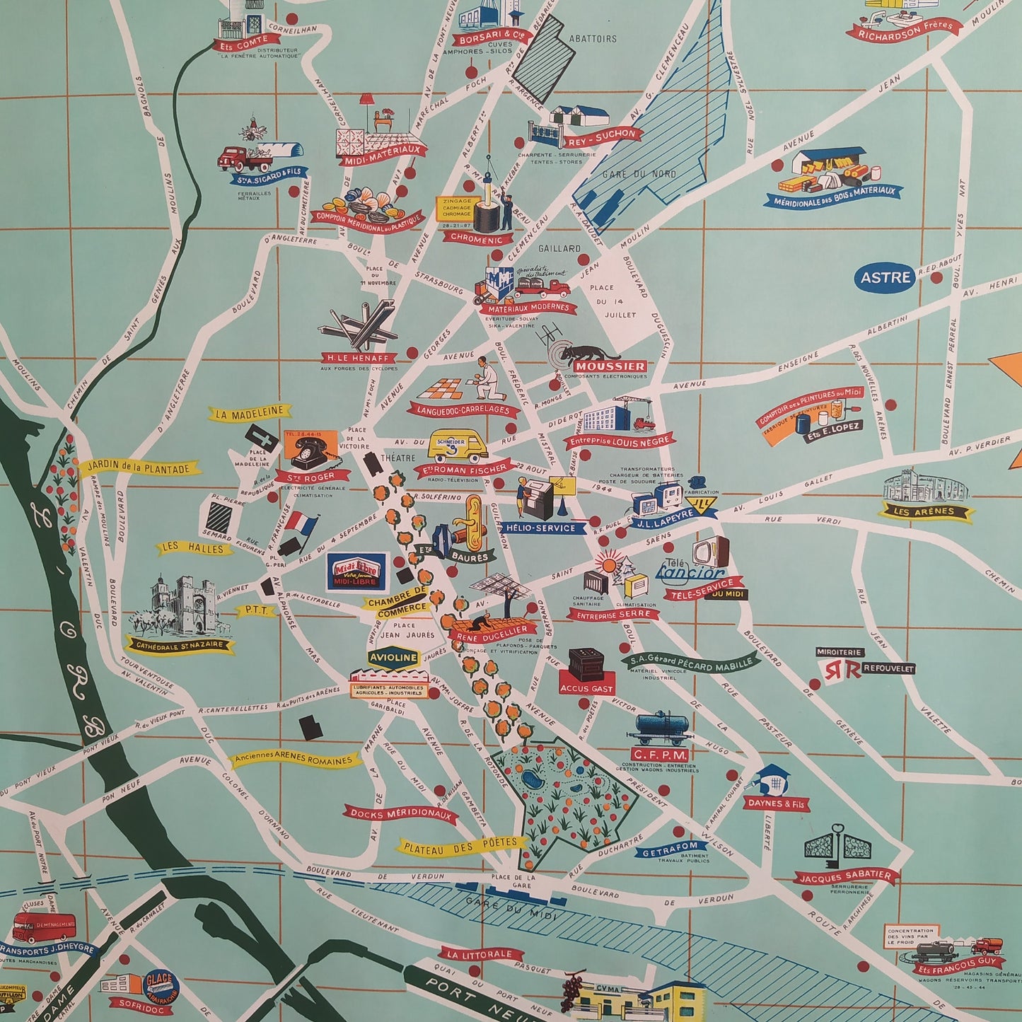 Carte illustrée vintage de la ville de Béziers par Jorj Morin (ca. 1960). Représentation géographique et picturale des industries.