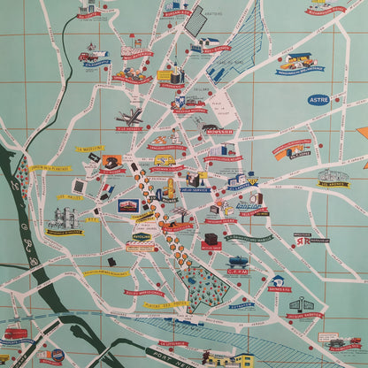 Carte illustrée vintage de la ville de Béziers par Jorj Morin (ca. 1960). Représentation géographique et picturale des industries.