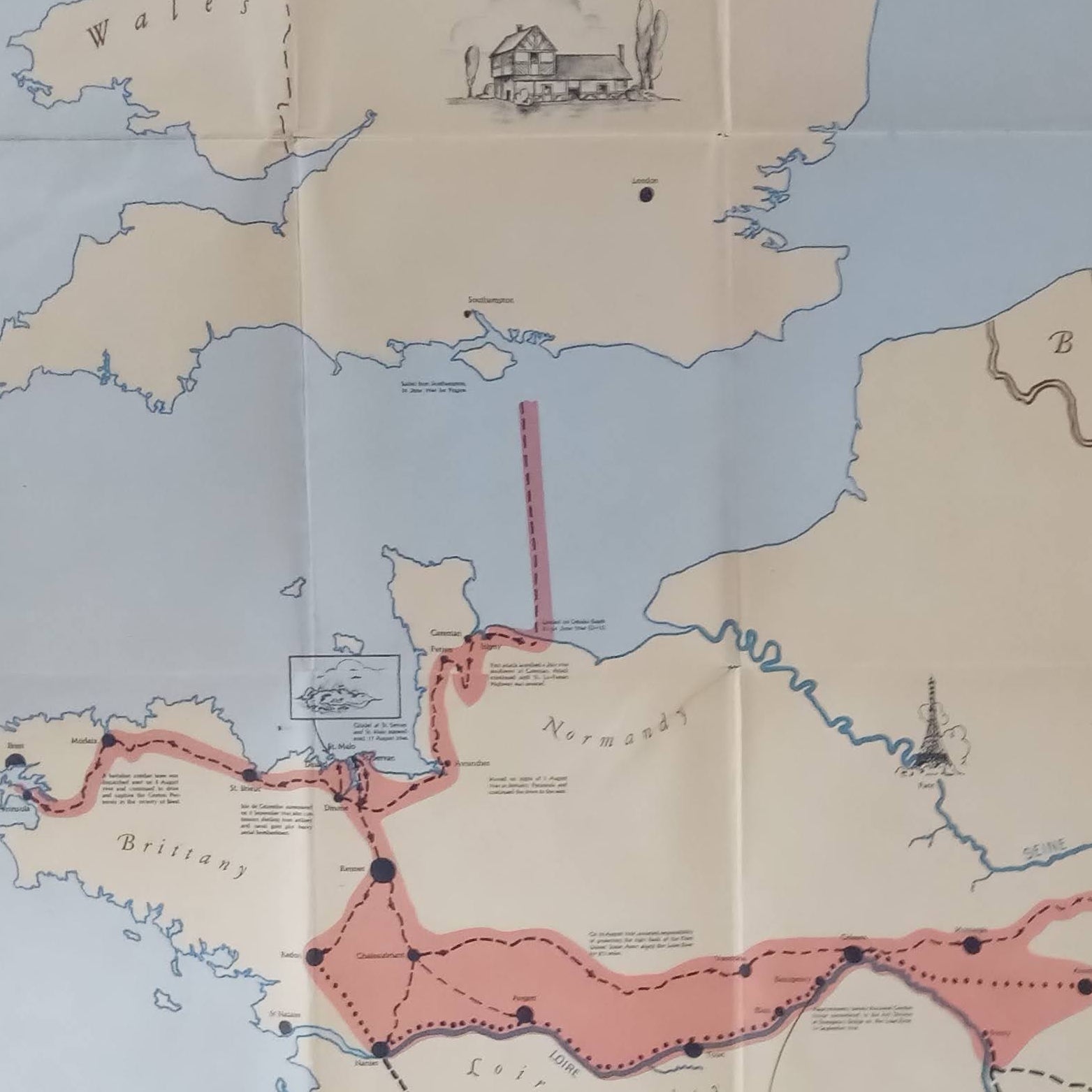 Carte vintage de l'itinéraire de la 83e division d'infanterie américaine durant la Seconde Guerre mondiale, illustrant son avancée de la France à l'Allemagne. Les noms des lieux clés comme la Normandie et l'Elbe sont inscrits. Dimensions : 87,5x72,5 cm. La carte montre des signes d'usure avec des trous dans les plis.