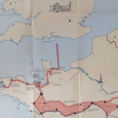 Carte vintage de l'itinéraire de la 83e division d'infanterie américaine durant la Seconde Guerre mondiale, illustrant son avancée de la France à l'Allemagne. Les noms des lieux clés comme la Normandie et l'Elbe sont inscrits. Dimensions : 87,5x72,5 cm. La carte montre des signes d'usure avec des trous dans les plis.
