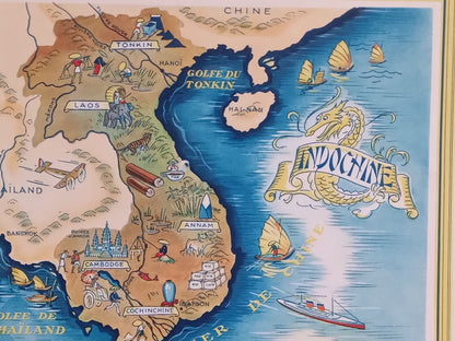 Plan large de l'affiche illustrée ancienne de l'Indochine, montrant la péninsule et les illustrations des activités locales et des transports, avec la mention de l'éditeur en bas