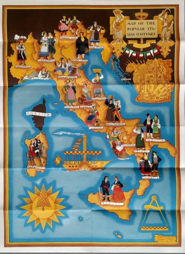 Vue d'ensemble de la carte illustrée d'Italie de 1934 par Umberto, intitulée "Map of the Popular Italian Costvmes", montrant la botte italienne et les îles, décorées de figures en costumes traditionnels.