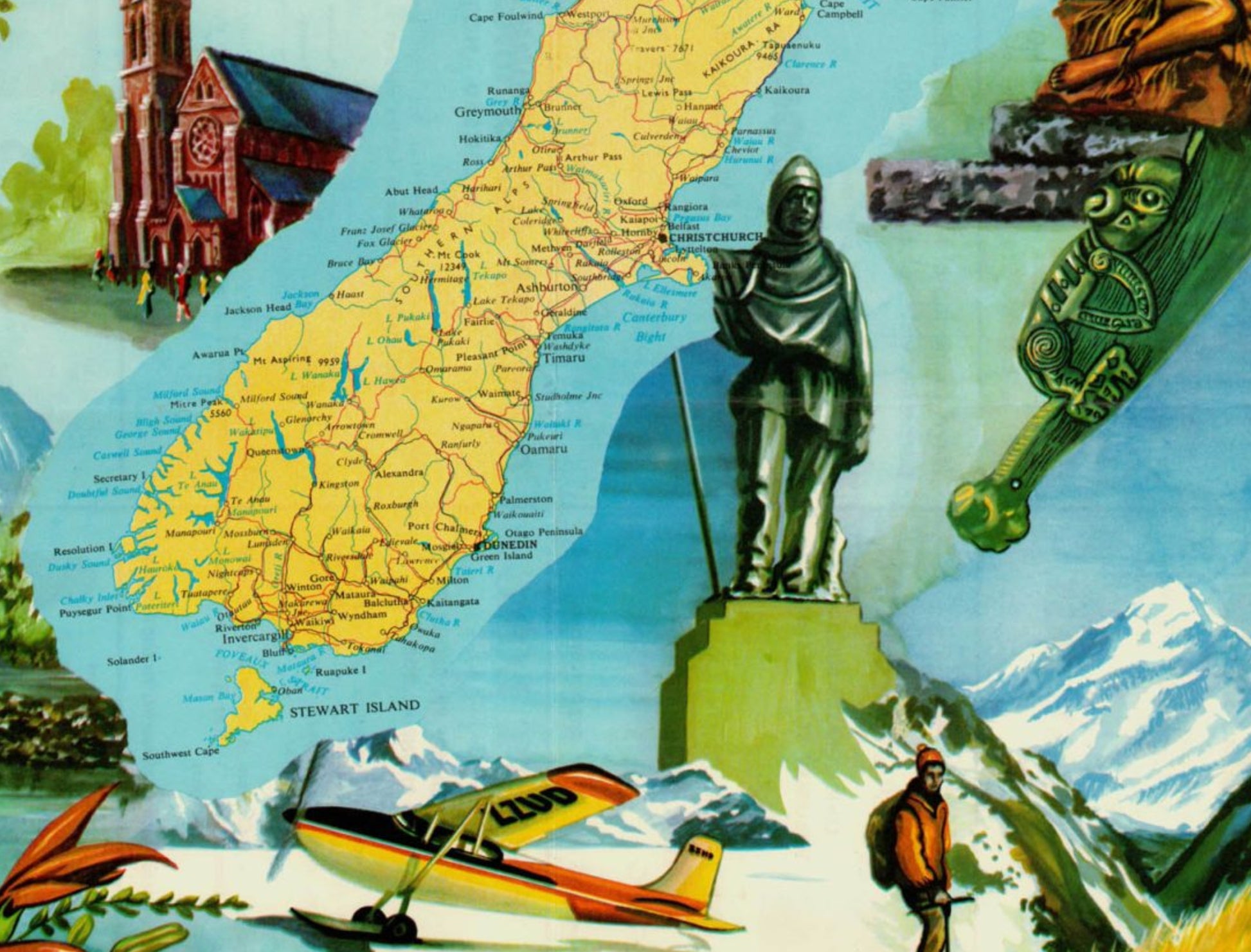 Gros plan sur l'île du Nord illustrant deux skieurs, une forêt dense avec un canoë et une femme maorie assise près d'une sculpture traditionnelle.