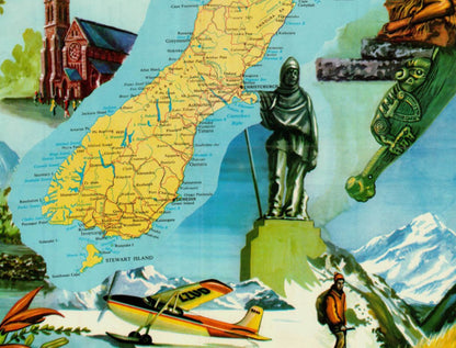 Gros plan sur l'île du Nord illustrant deux skieurs, une forêt dense avec un canoë et une femme maorie assise près d'une sculpture traditionnelle.