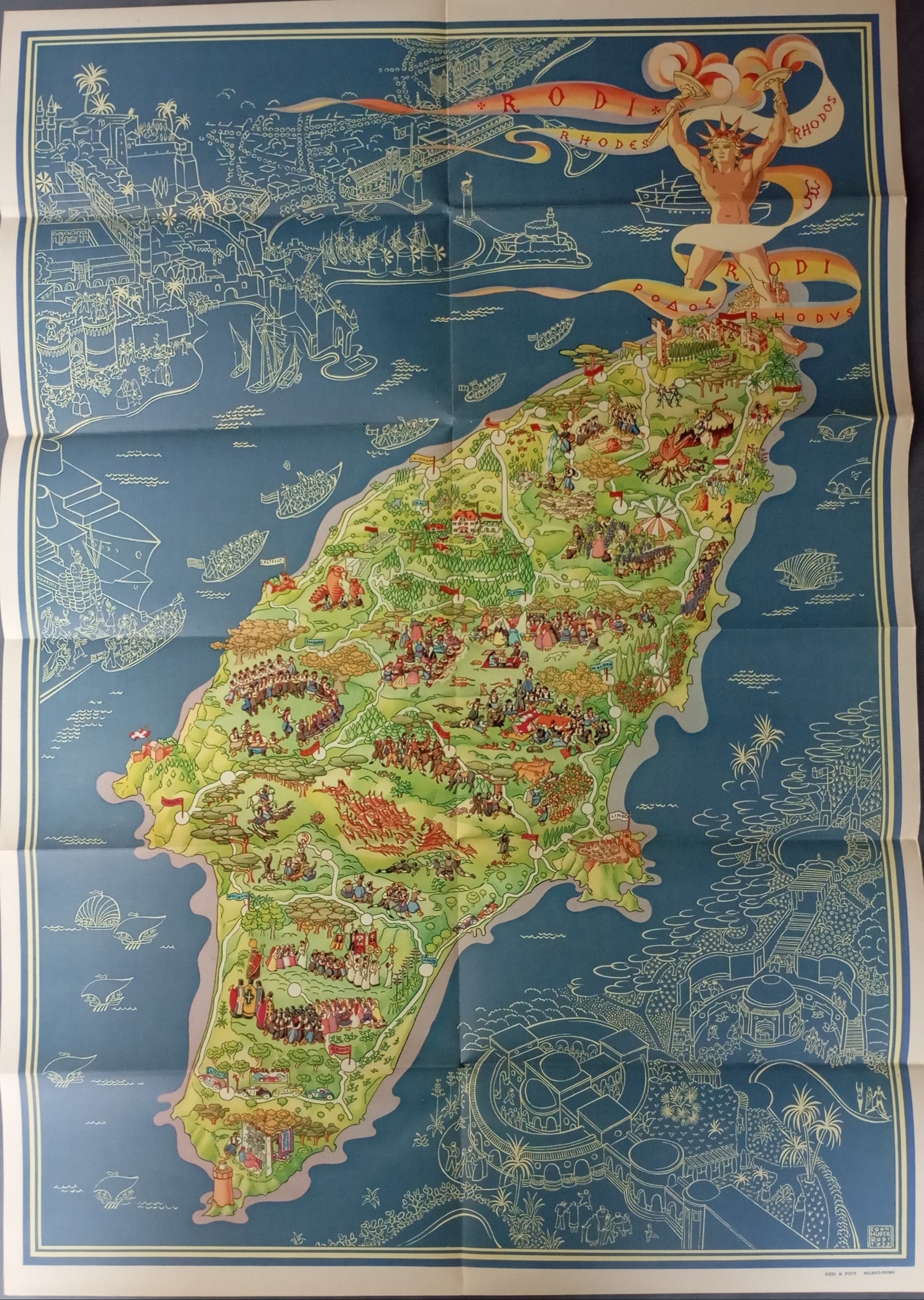 carte picturale de Rhodes, plusieurs dessins, très colorés, scene de vie