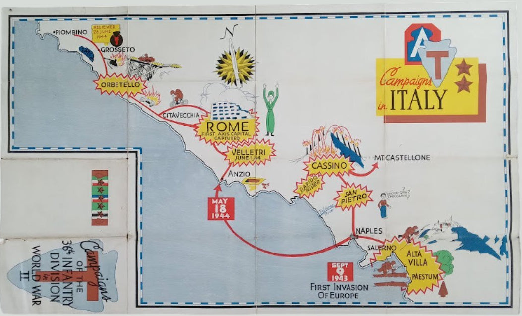 Vue d'ensemble d'une carte illustrée des campagnes militaires de la 36e division d'infanterie américaine en Italie durant la Seconde Guerre mondiale. La carte montre la progression le long de la côte, de Paestum au sud jusqu'à Piombino au nord, avec des villes et batailles clés représentées par des symboles et des illustrations. Le titre "Campaigns of the 36th Infantry Division World War II" est visible en bas à gauche. La carte mesure 41x68 cm et présente des plis.