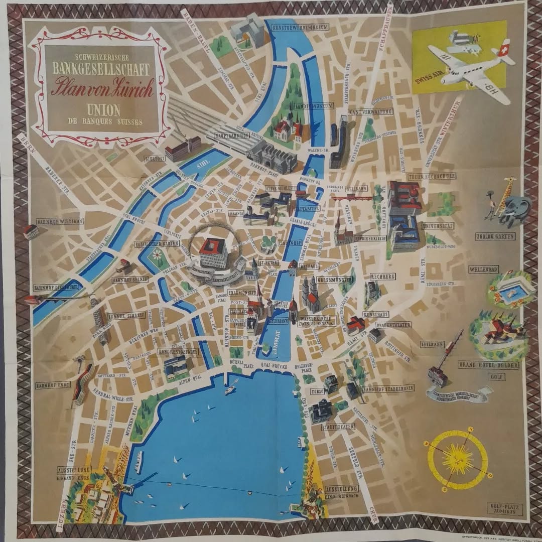 Vue d'ensemble de la carte picturale de Zurich, commanditée par la Schweizerische Bankgesellschaft / Union de Banques Suisses, montrant le centre-ville, le lac et la Limmat, avec de nombreuses illustrations de bâtiments et points d'intérêt.