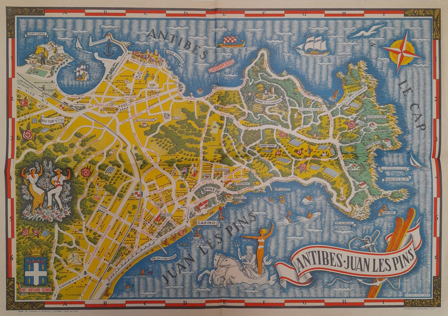 Plan ancien et illustré d'Antibes et Juan-les-Pins. Carte touristique colorée de la Côte d'Azur par Vic Raymon, datant de 1949.