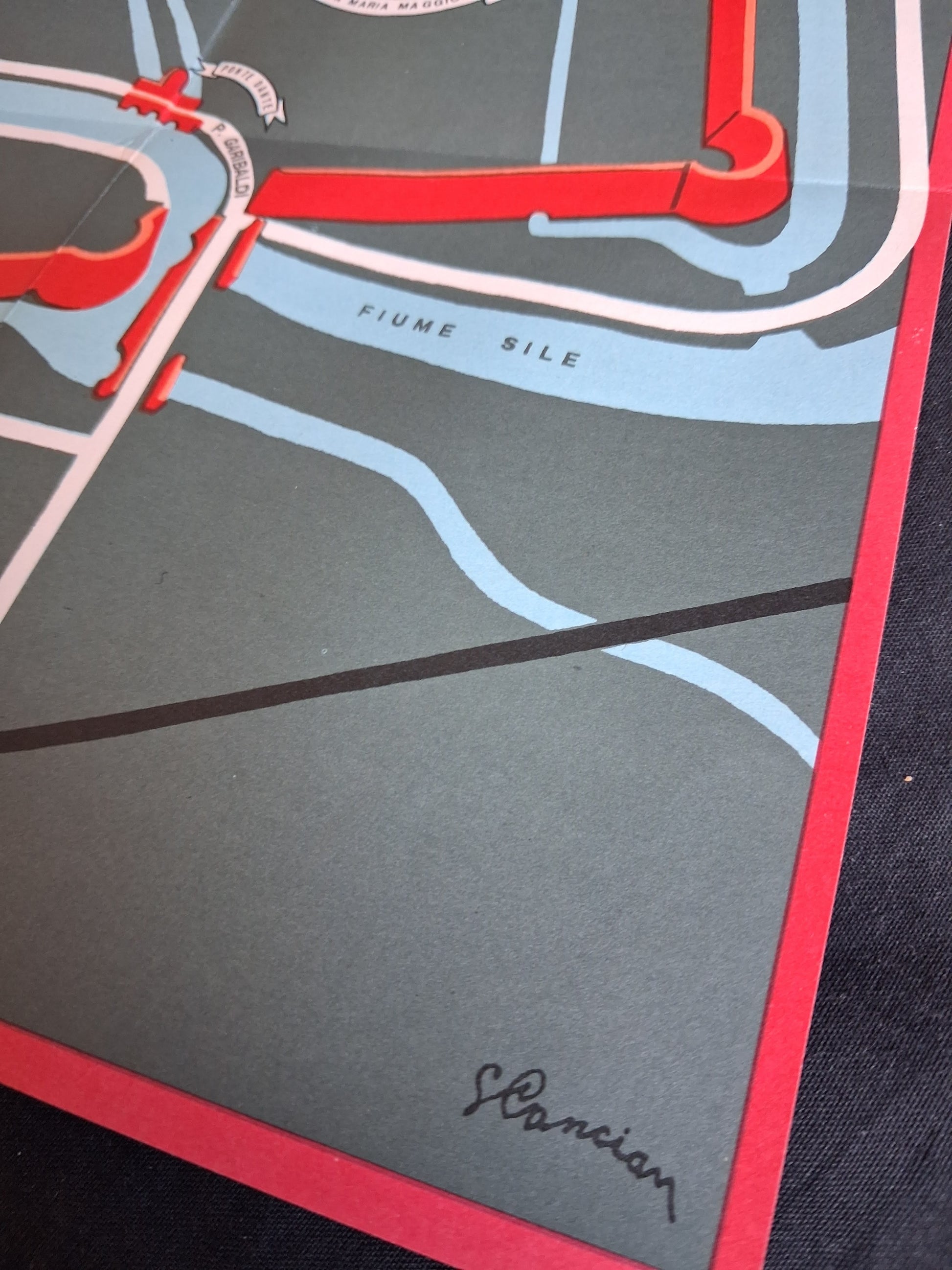 étail du coin inférieur droit du plan illustré de Treviso, montrant l'embouchure du Fiume Sile et la signature de l'auteur "S. Pancian"