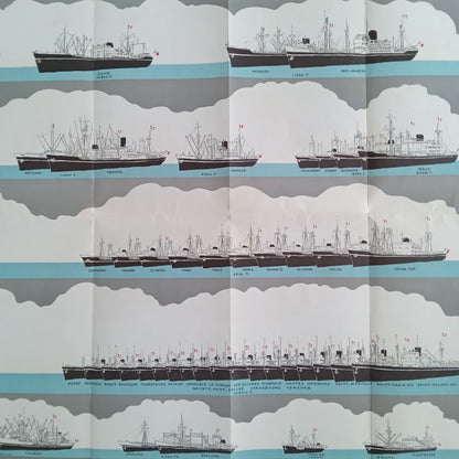 Section de l'affiche présentant les dessins de plusieurs paquebots et cargos de la flotte, avec leurs noms respectifs.