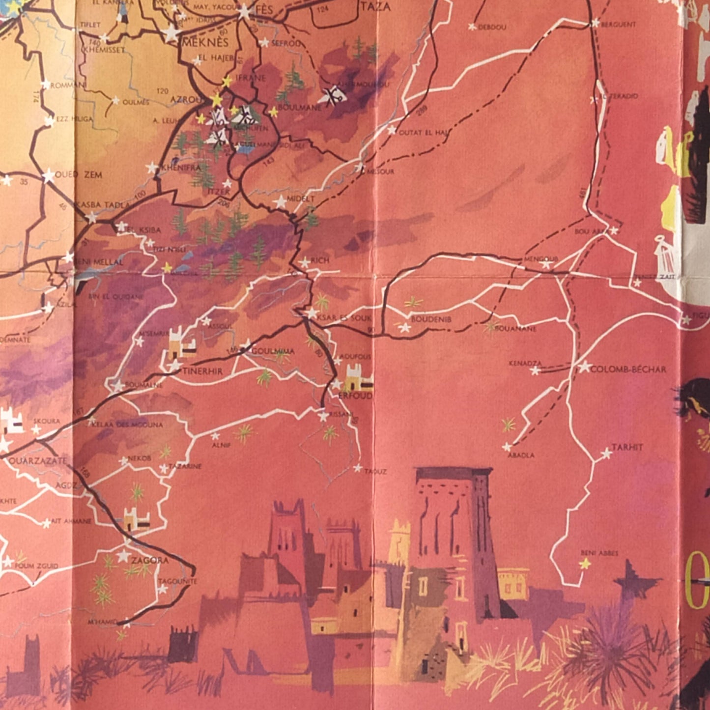 carte du maroc vintage, couleur orange bleue, avec des personnages et de illustration de l'époque et focus sur des détails de la carte