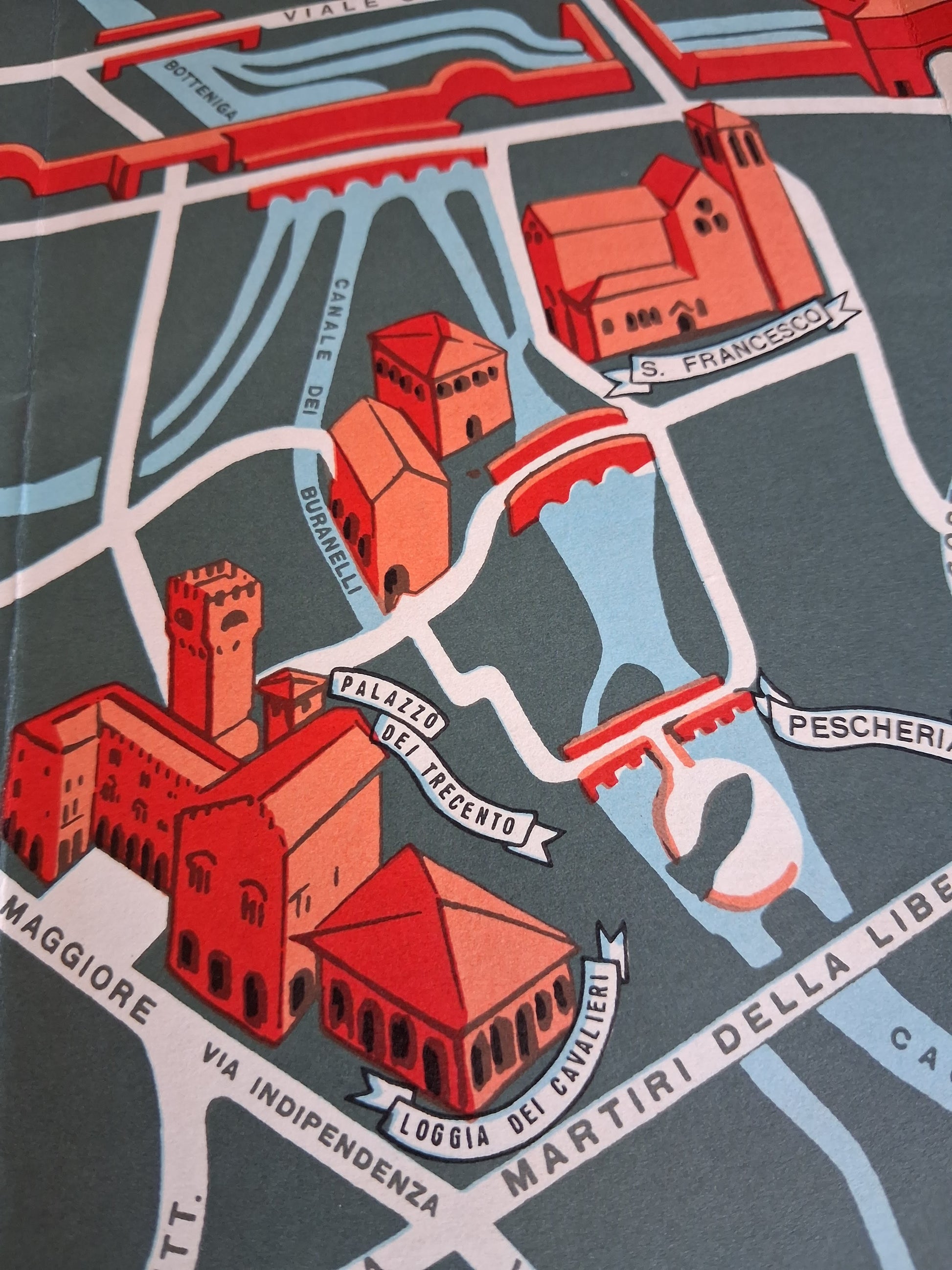 Détail du plan illustré de Treviso mettant en évidence le Palazzo dei Trecento, la Loggia dei Cavalieri, S. Francesco, la Peschiera et le Canale dei Buranelli.