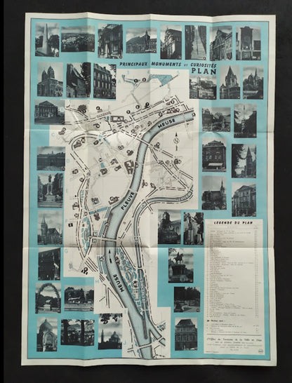 Vue d'ensemble du plan de Liège sur fond bleu, entouré de petites photos de monuments et d'une légende à droite. 