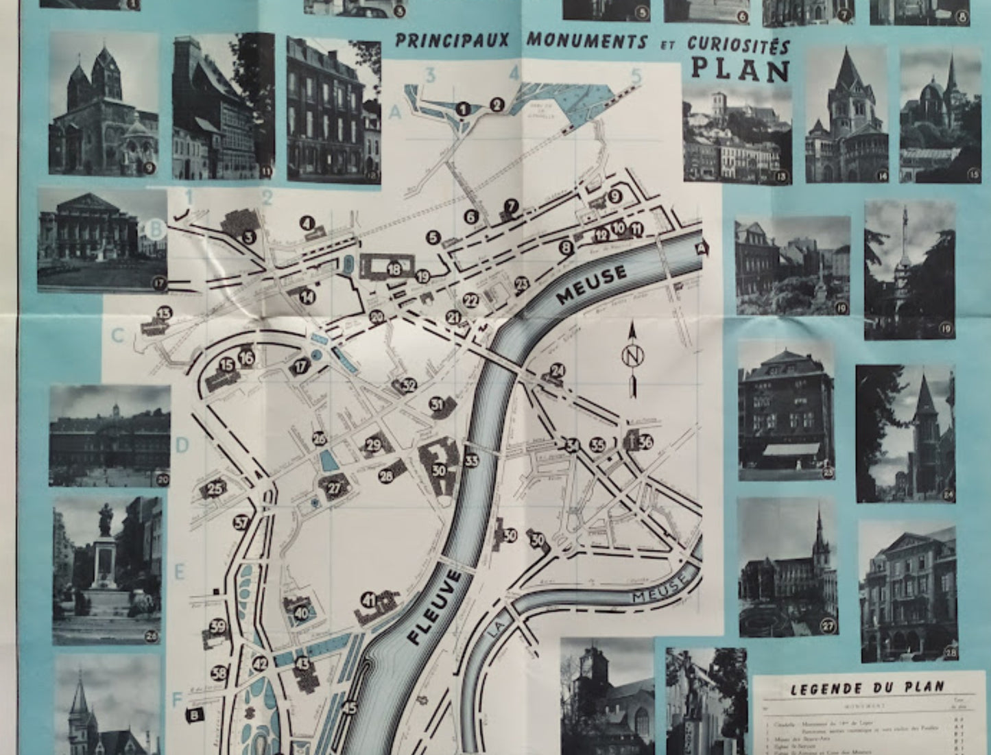 Détail de la partie supérieure du plan montrant le tracé des rues, la Meuse et des photos de façades historiques et d'églises. 