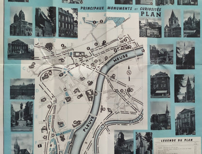Détail de la partie supérieure du plan montrant le tracé des rues, la Meuse et des photos de façades historiques et d'églises. 