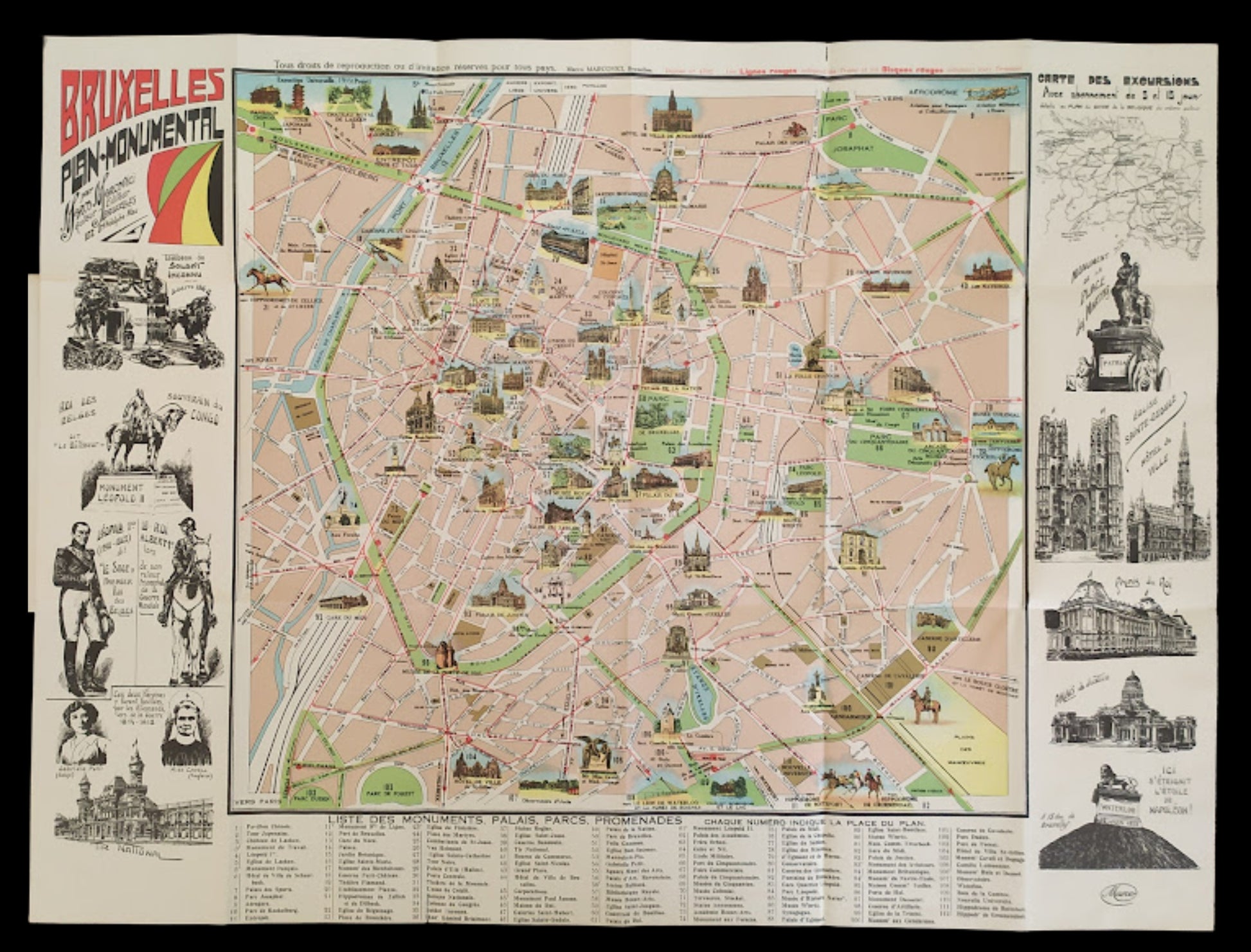 Plan complet de Bruxelles de 1930 présentant un réseau de rues détaillé avec de nombreuses petites illustrations de bâtiments et une marge décorée de portraits historiques à gauche.
