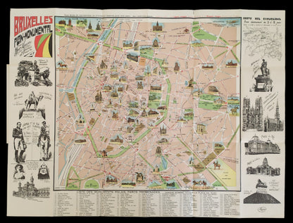 Plan complet de Bruxelles de 1930 présentant un réseau de rues détaillé avec de nombreuses petites illustrations de bâtiments et une marge décorée de portraits historiques à gauche.
