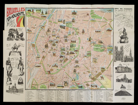 Plan complet de Bruxelles de 1930 présentant un réseau de rues détaillé avec de nombreuses petites illustrations de bâtiments et une marge décorée de portraits historiques à gauche.
