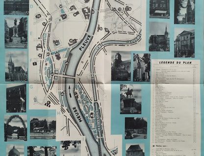 Zoom sur la partie inférieure du plan incluant la légende numérotée, la dérivation de la Meuse et des clichés de parcs et statues.