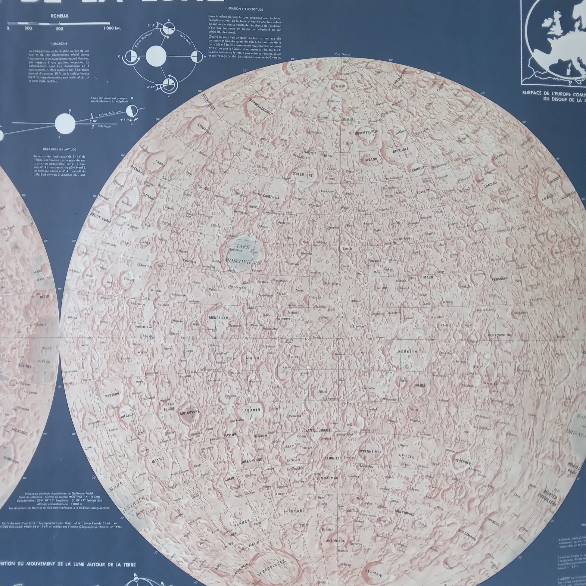 Gros plan sur la "Face Cachée" de la carte vintage de la Lune (IGN, ca. 1969), montrant de nombreux cratères et la Mare Moscoviense.