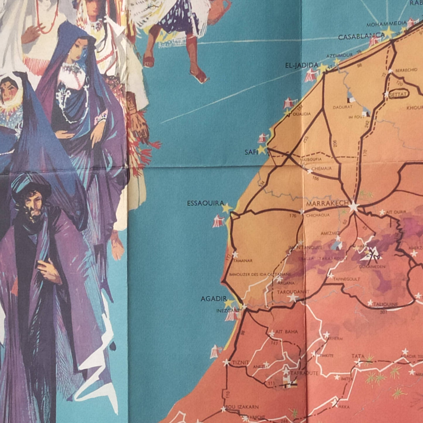 carte du maroc vintage, couleur orange bleue, avec des personnages et de illustration de l'époque