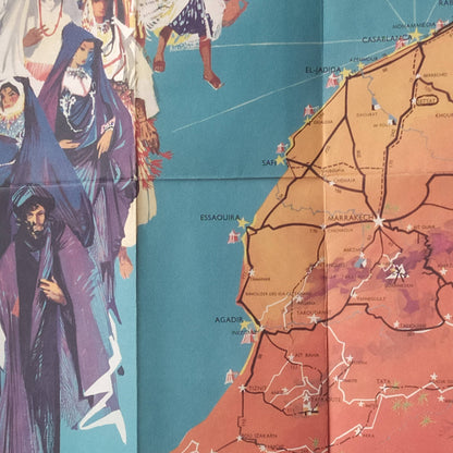 carte du maroc vintage, couleur orange bleue, avec des personnages et de illustration de l'époque