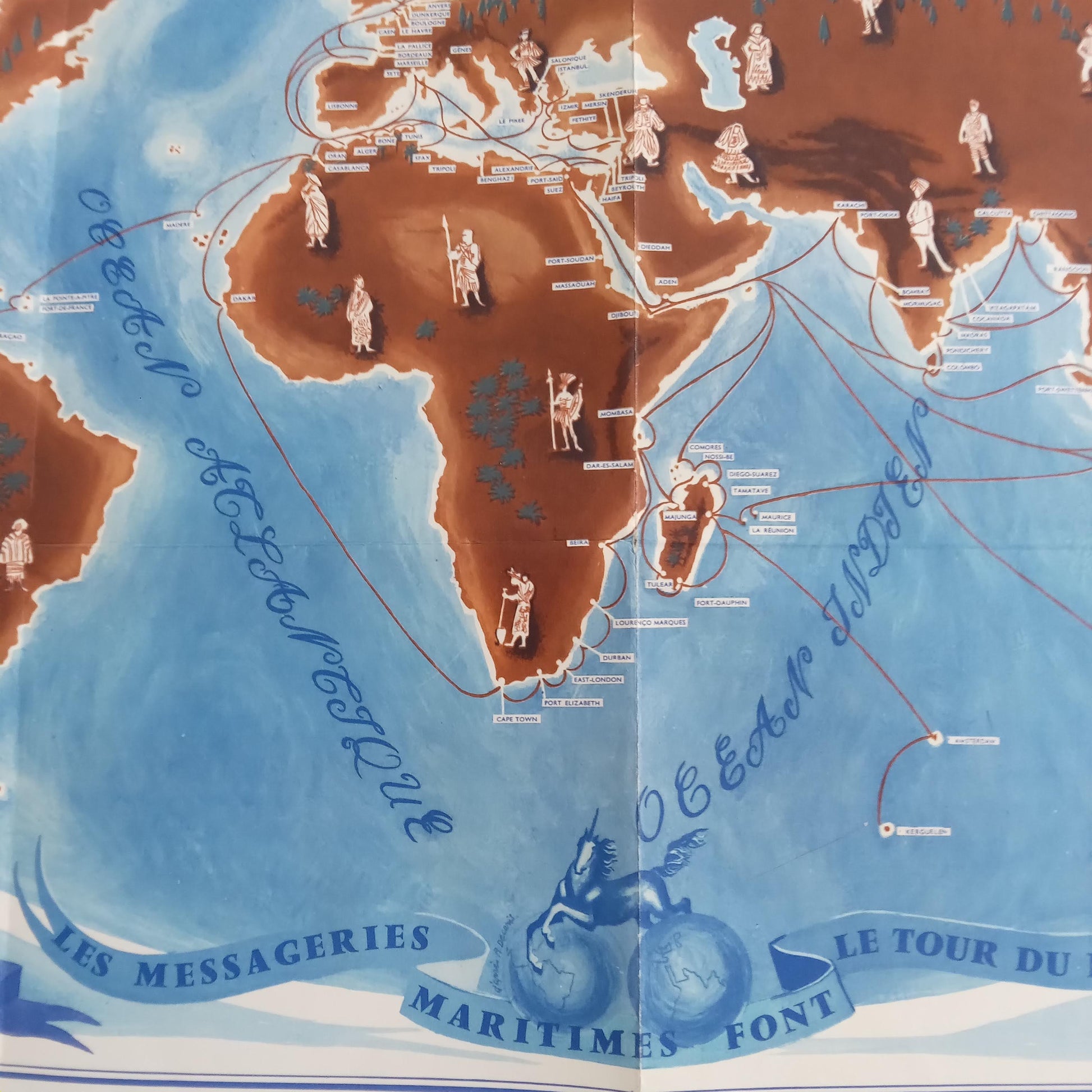  Gros plan sur la partie du planisphère montrant les liaisons maritimes