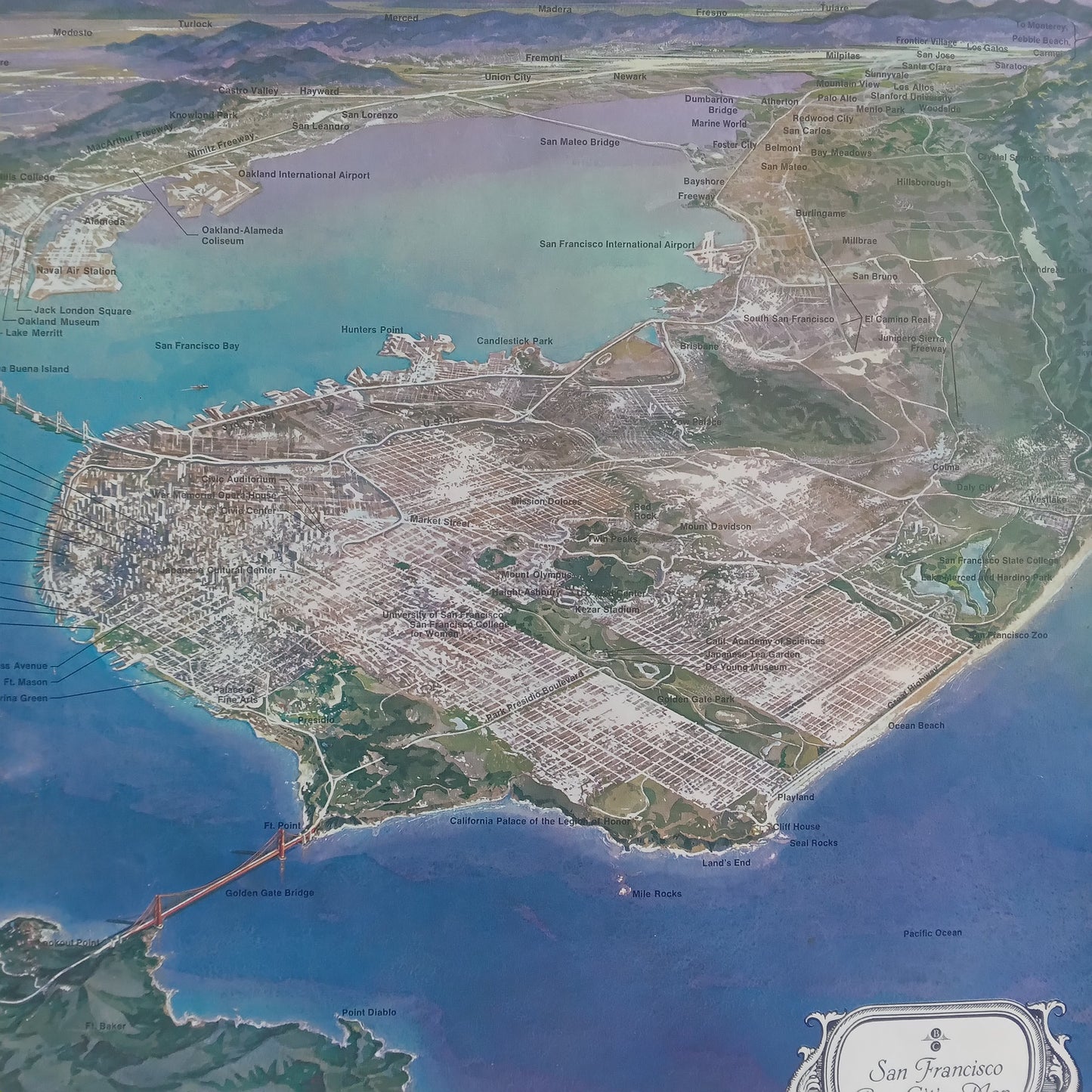 Affiche vintage de San Francisco (ca. 1960) vue aérienne, montrant l'ensemble de la ville, le Golden Gate Bridge et la baie.