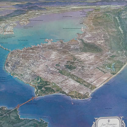 Affiche vintage de San Francisco (ca. 1960) vue aérienne, montrant l'ensemble de la ville, le Golden Gate Bridge et la baie.