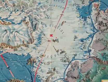 Gros plan sur la partie ouest et centrale de la carte, montrant le Groenland, la Mer de Baffin, l'Océan Glacial Arctique et des routes aériennes et maritimes stratégiques