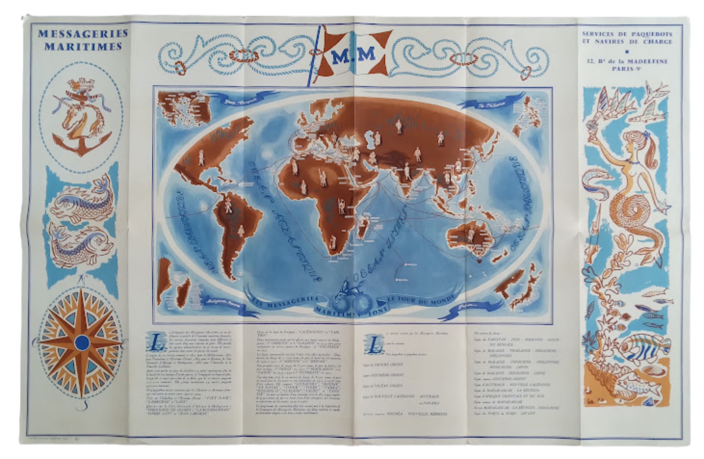 Recto de l'affiche depliée, présentant le planisphère stylisé des routes maritimes mondiales de la compagnie.