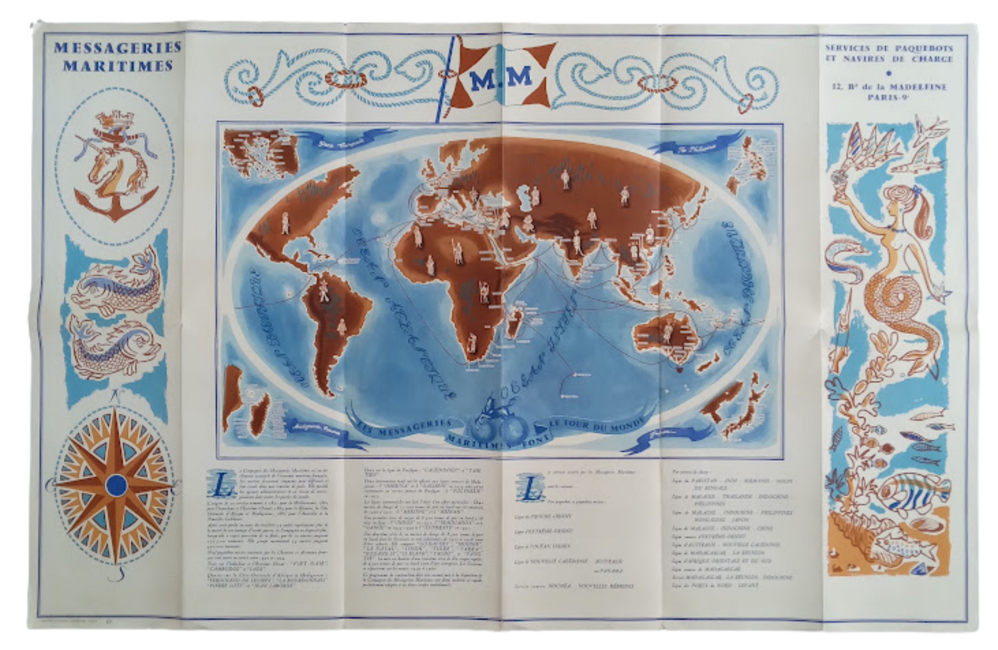 Recto de l'affiche depliée, présentant le planisphère stylisé des routes maritimes mondiales de la compagnie.