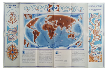 Recto de l'affiche depliée, présentant le planisphère stylisé des routes maritimes mondiales de la compagnie.