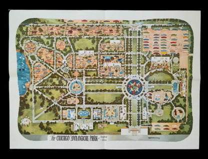 Vue d'ensemble d'un plan illustré coloré du Chicago Zoological Park montrant l'agencement des enclos, des allées et des parkings avec de nombreuses petites illustrations d'animaux.